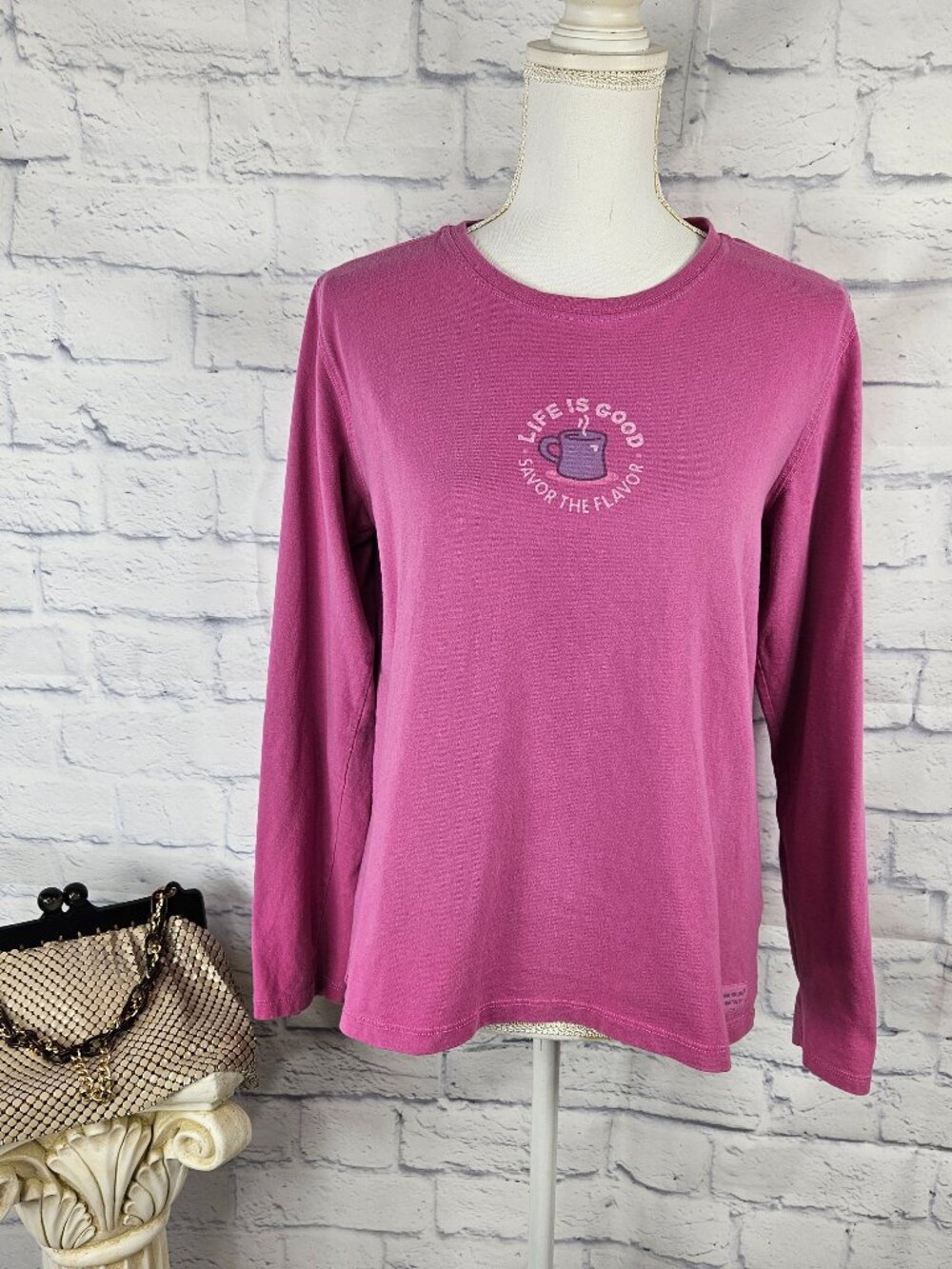 Life is Good Size M Pink "Savor the Flavor" Coffee Long Sleeve Classic Fit Shirt